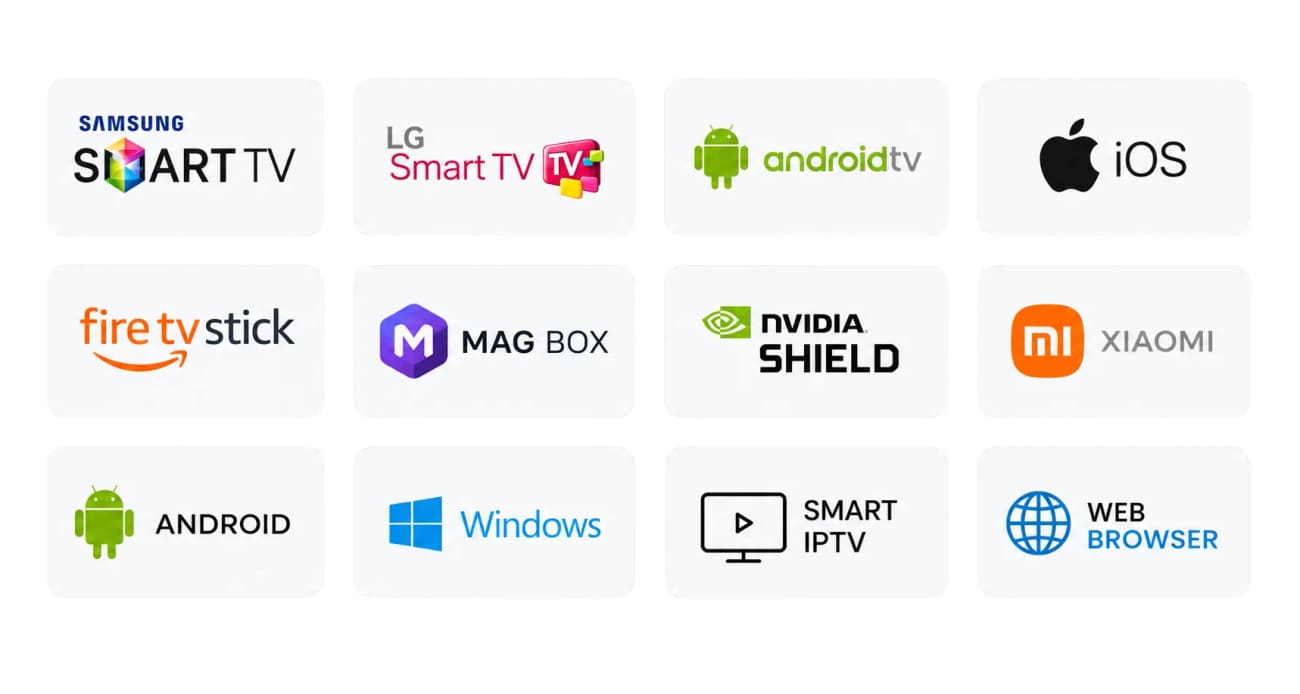 Devices compatible with Televo IPTV UK: Samsung and LG Smart TV, Android TV, iOS, Fire TV Stick, MAG box, NVIDIA Shield, Xiaomi, Android, Windows, Smart IPTV and web browser