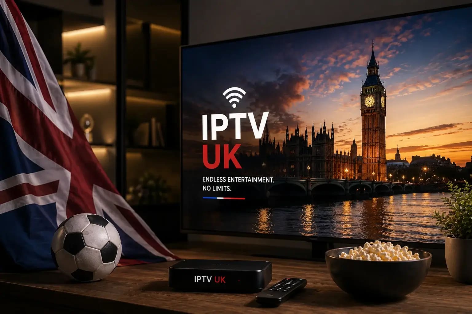 Televo IPTV UK streaming in 4K on a living-room TV showing the London skyline, with a set-top box and remote