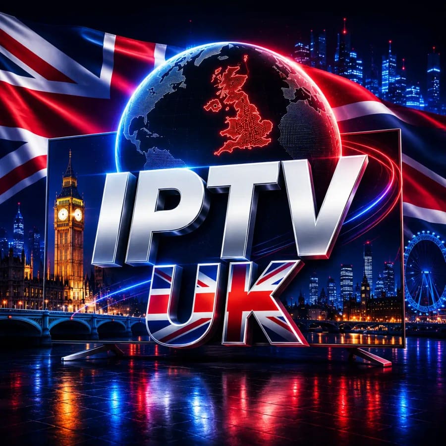 IPTV UK artwork with a Union Jack, Big Ben and the London Eye at night around a glowing globe